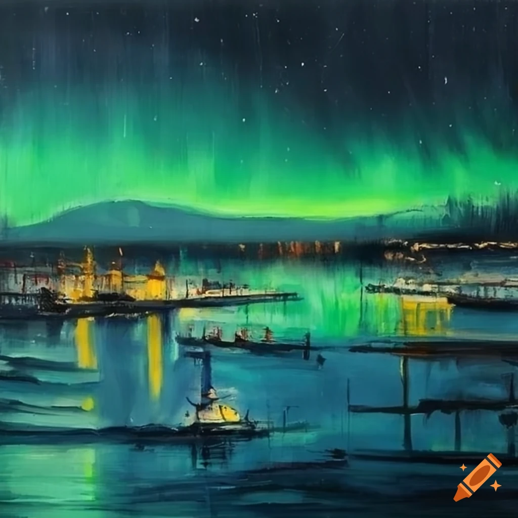 Aurora Borealis oil painting above an industrial area
