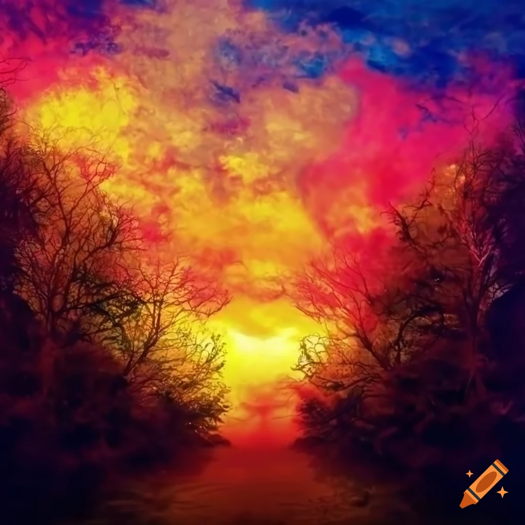 Paysage onirique avec des arbres, nuages et cr atures fantastiques aux ...