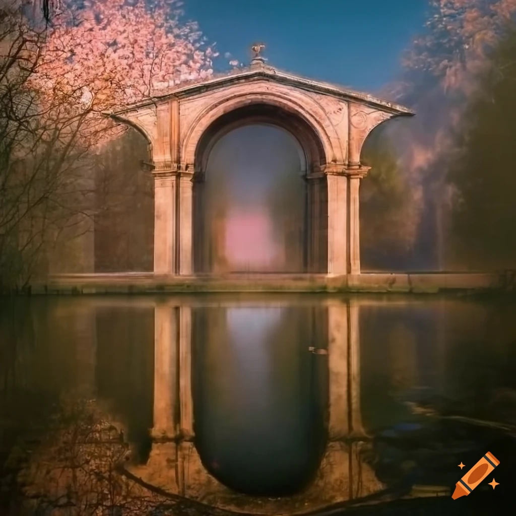 Monet-inspired baroque balcony and mausoleum in a hazy dawn meadow