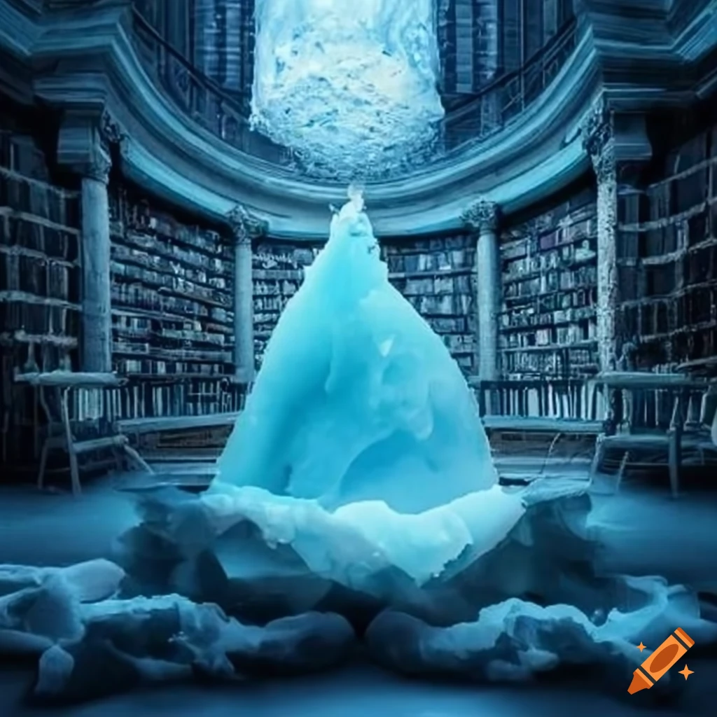 Magical library in a frozen iceberg bathed in blue light