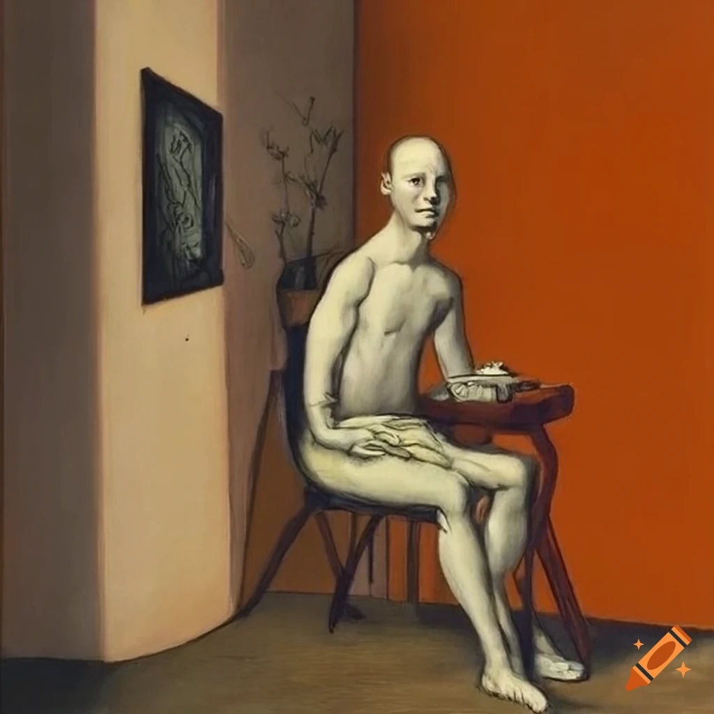 Surreal pencil drawing of a man listening to neighbors through a wall next to a table with flowers