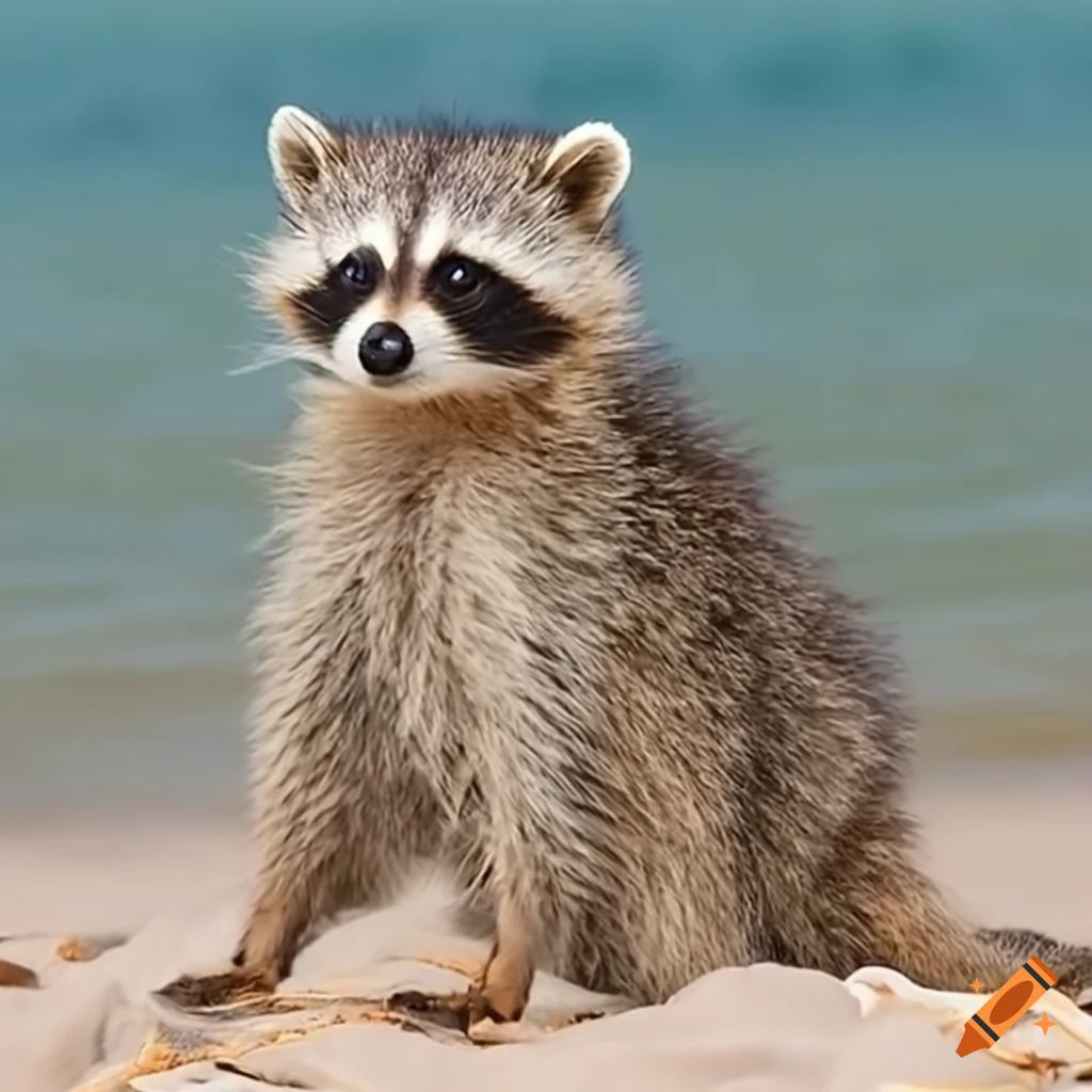Baby raccoon in torn t-shirt on the beach