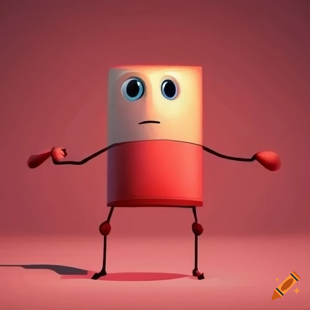 Cartoony red square with a friendly face, arms, and legs