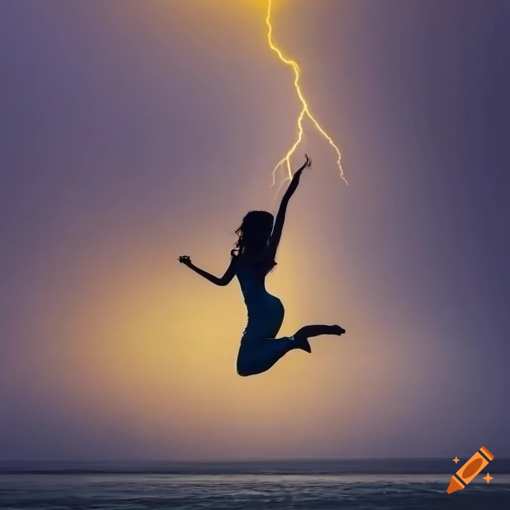 Silhouette of a girl flying in the air amidst a yellow lightning storm