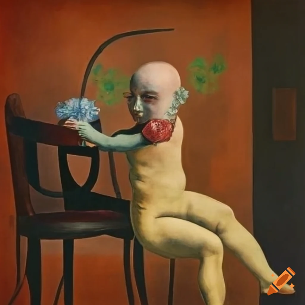 Dada collage featuring a bald man listening to neighbors through a wall next to a table with flowers