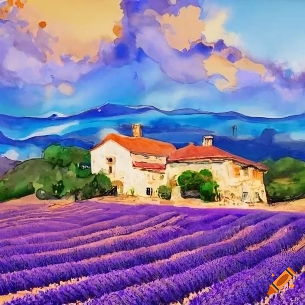 Enchanting Provecal farmhouse with lavender fields and hilltop village in the background