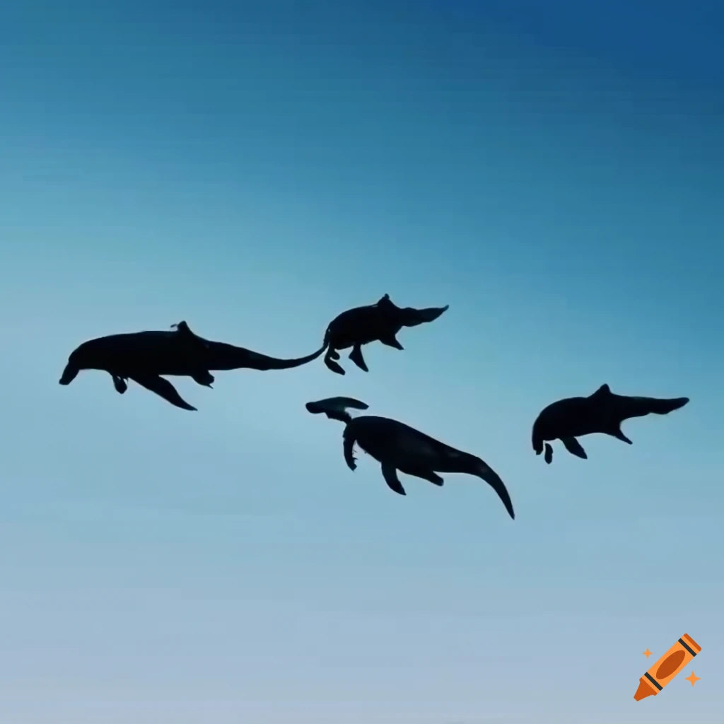 Group of whales flying in the sky in a realistic setting
