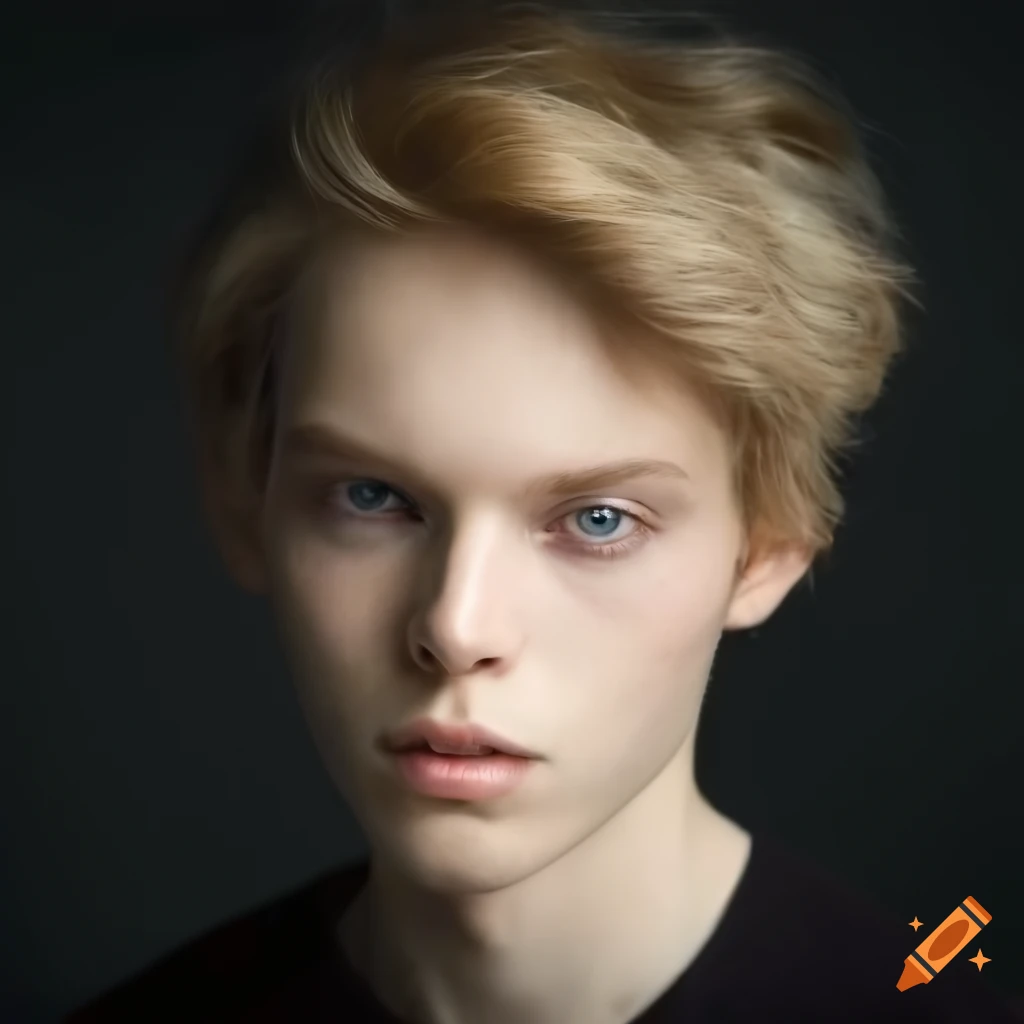 Portrait of a beautiful young man with caramel blonde hair and pale skin