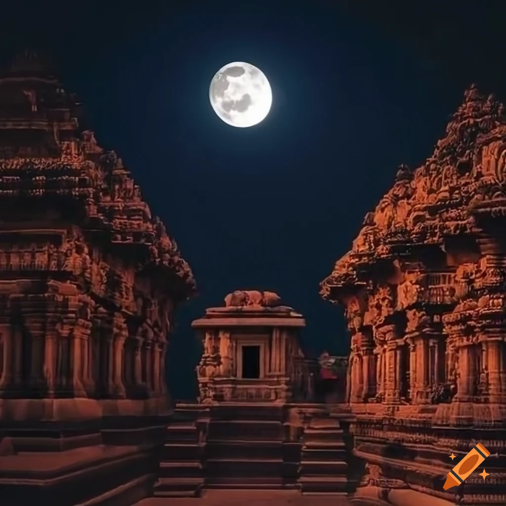 Vibrant Indian landscapes transitioning into a serene temple courtyard under a full moon