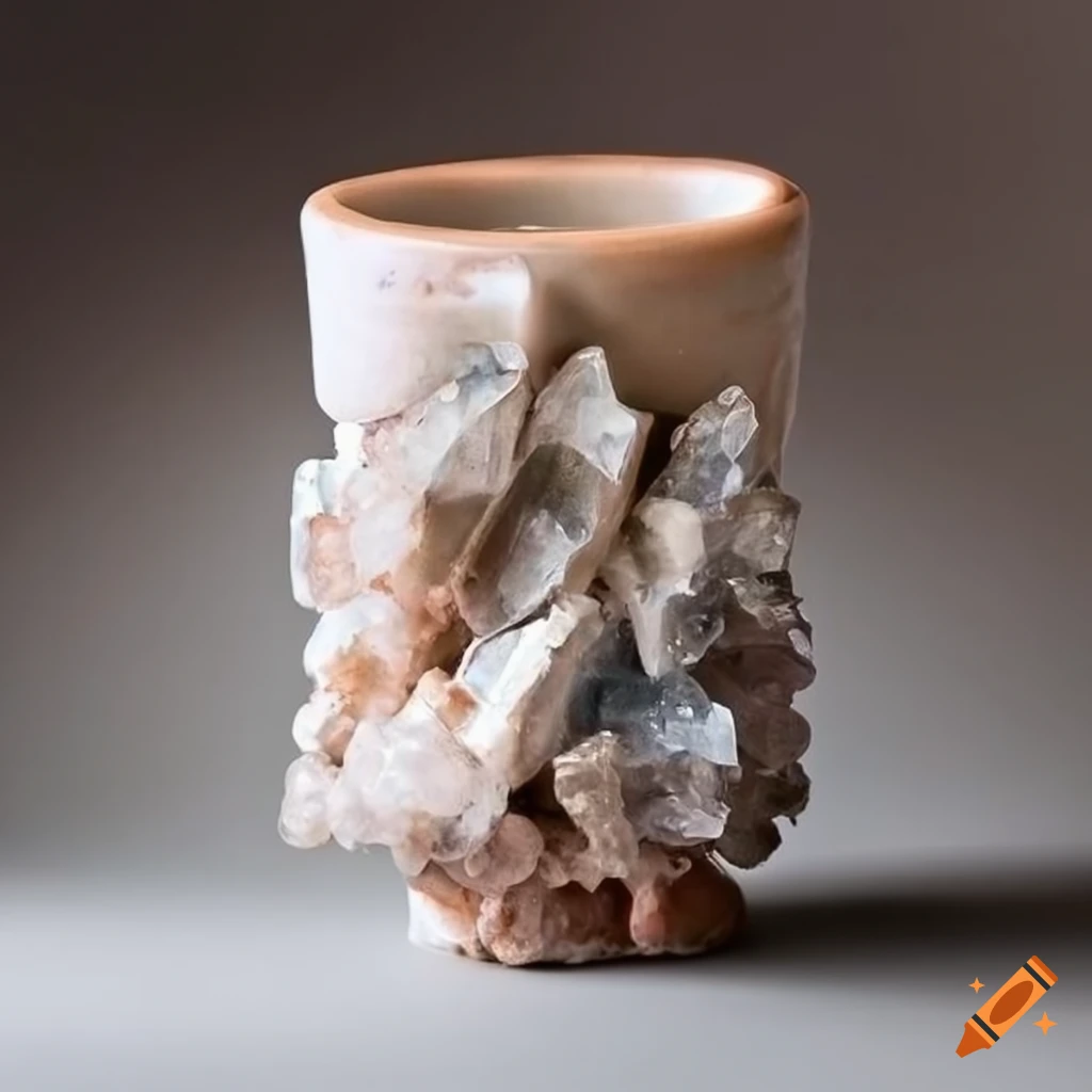 Salt glazed clay cylinder cup with large rock crystals