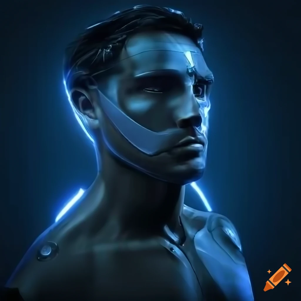 Skinny, handsome 40-year old male cyborg with crystal LED panels in his face