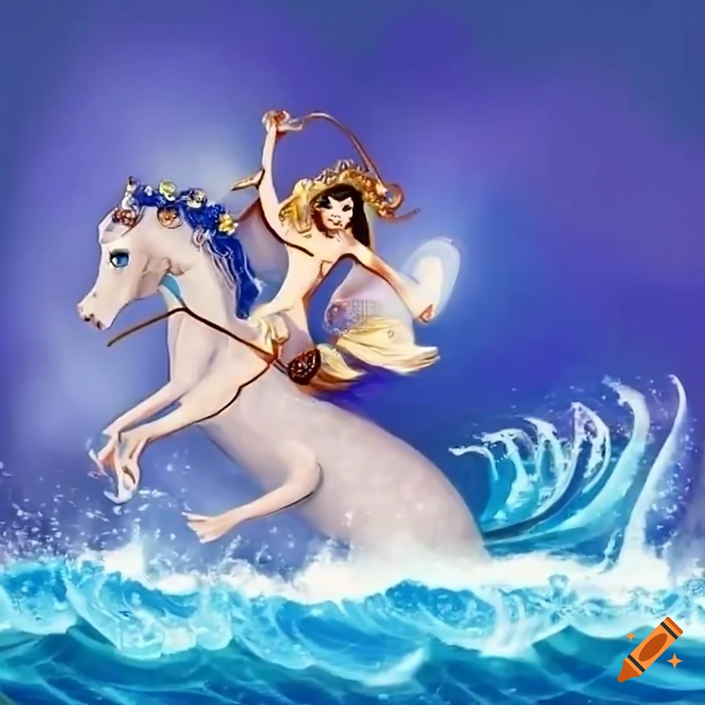 Ethereal mermaid riding a wave on a seahorse chariot in the open sea