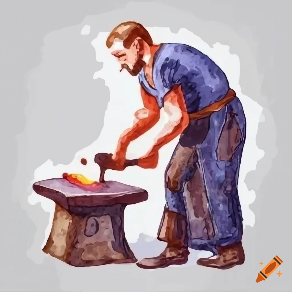 Blacksmith forging iron in a watercolor hand-drawn illustration