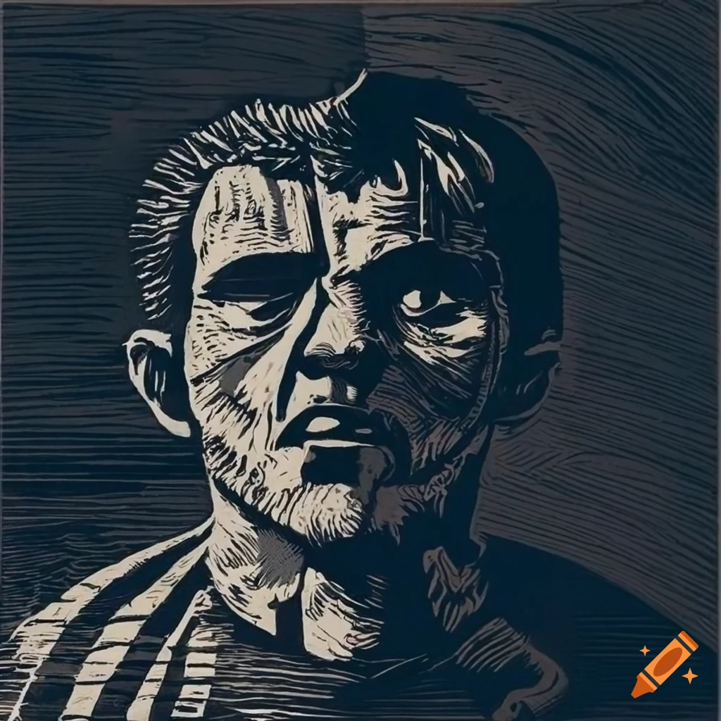 Intricate linocut of a man surrounded by turbulent thoughts in neo-expressionist style