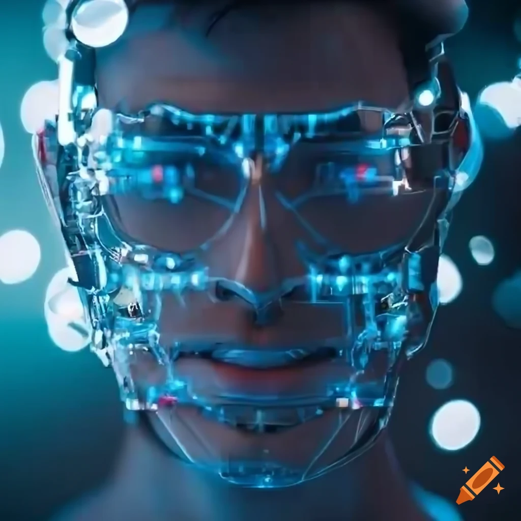 Skinny, handsome 40-year old male cyborg with crystal LED panels in his face