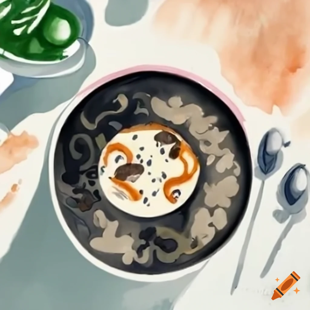 Rice and mushroom in Instant white cream soup on a sunlit table