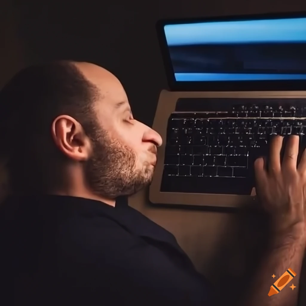 Satisfied man eating a computer keyboard