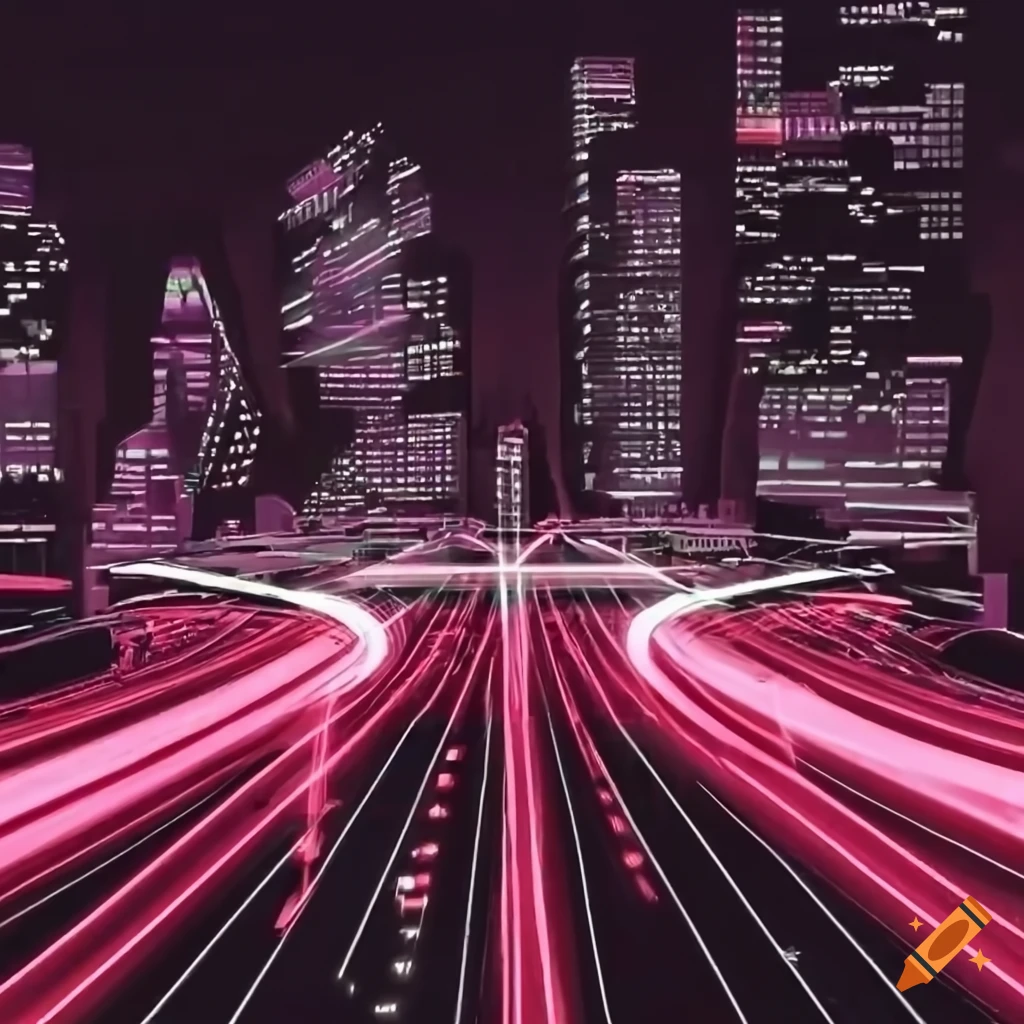 Futuristic cityscape with neon lights and flying cars at dusk