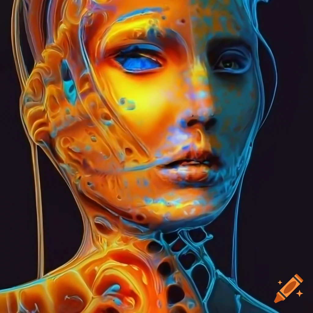 X-ray biomechanoid woman face resembling C3PO in a detailed mechanical planetary system