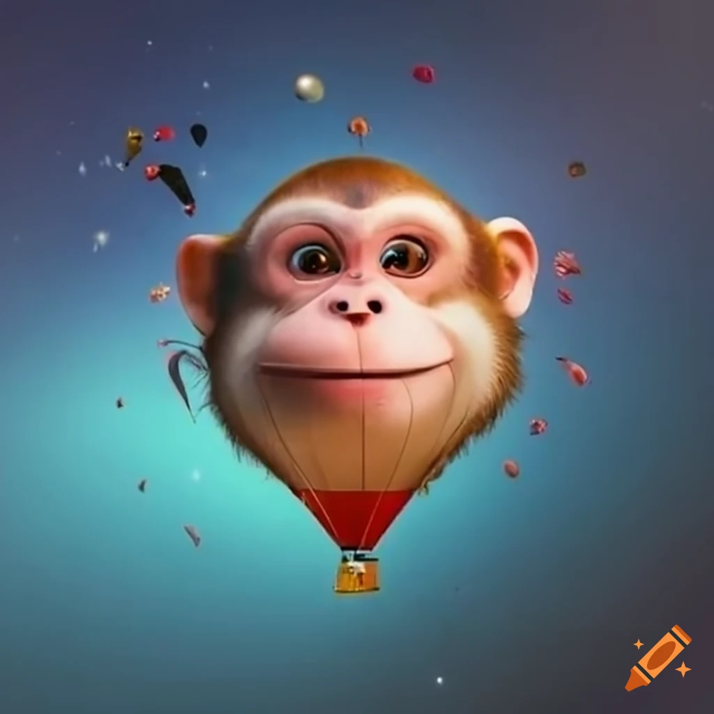 Monkey riding a hot air balloon in space