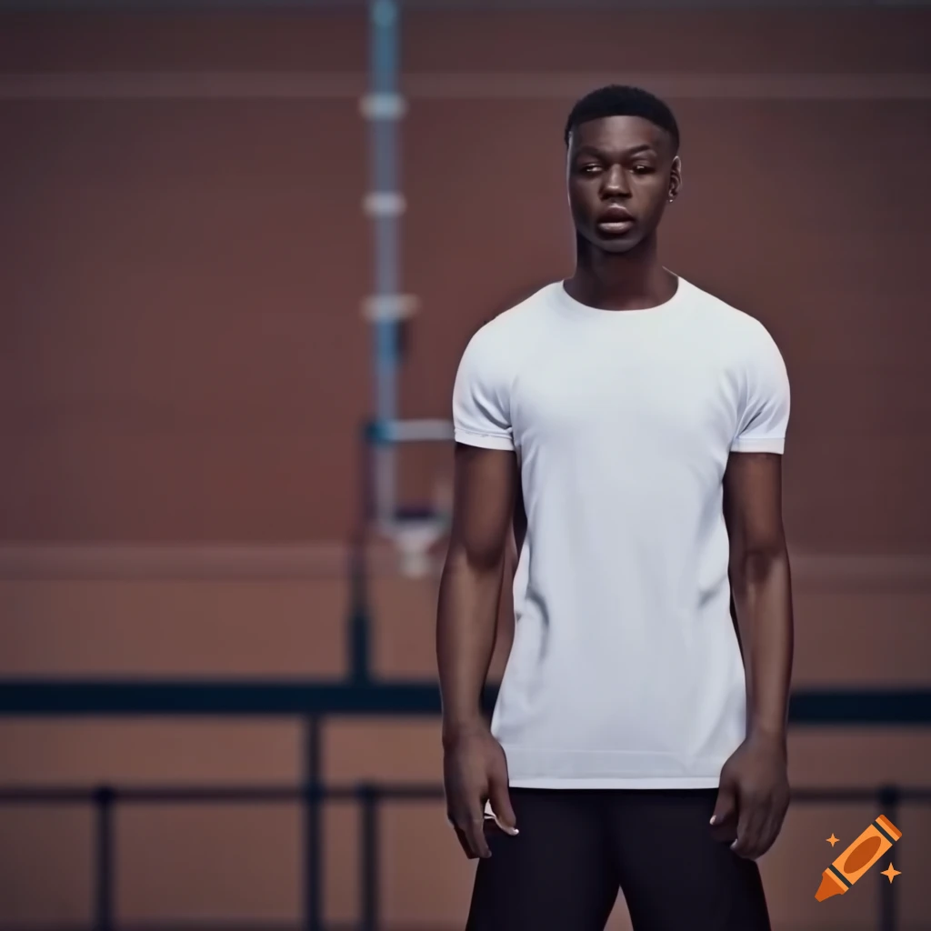 Stylish man in white t-shirt and fanny pack on basketball court