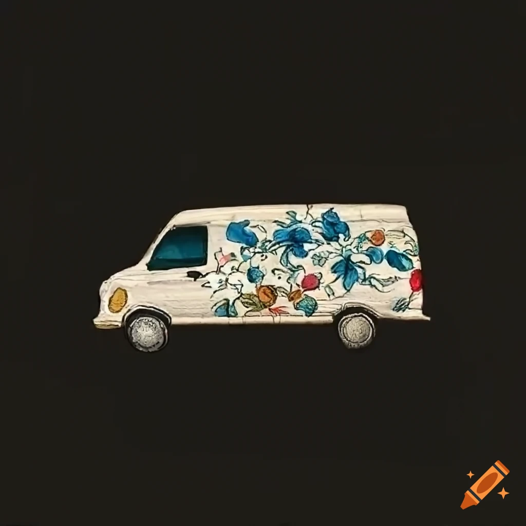White van with floral branch design running along the side
