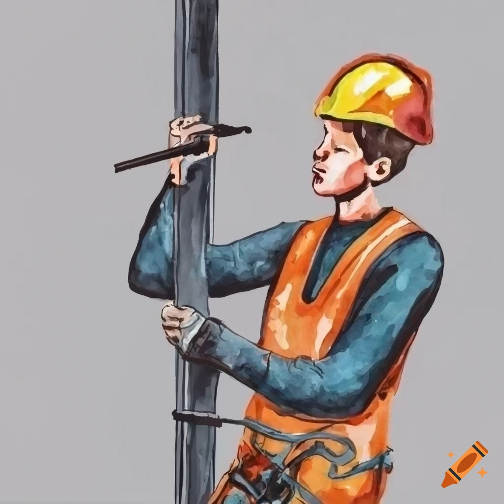 Lineman climbing pole in a watercolor hand-drawn illustration