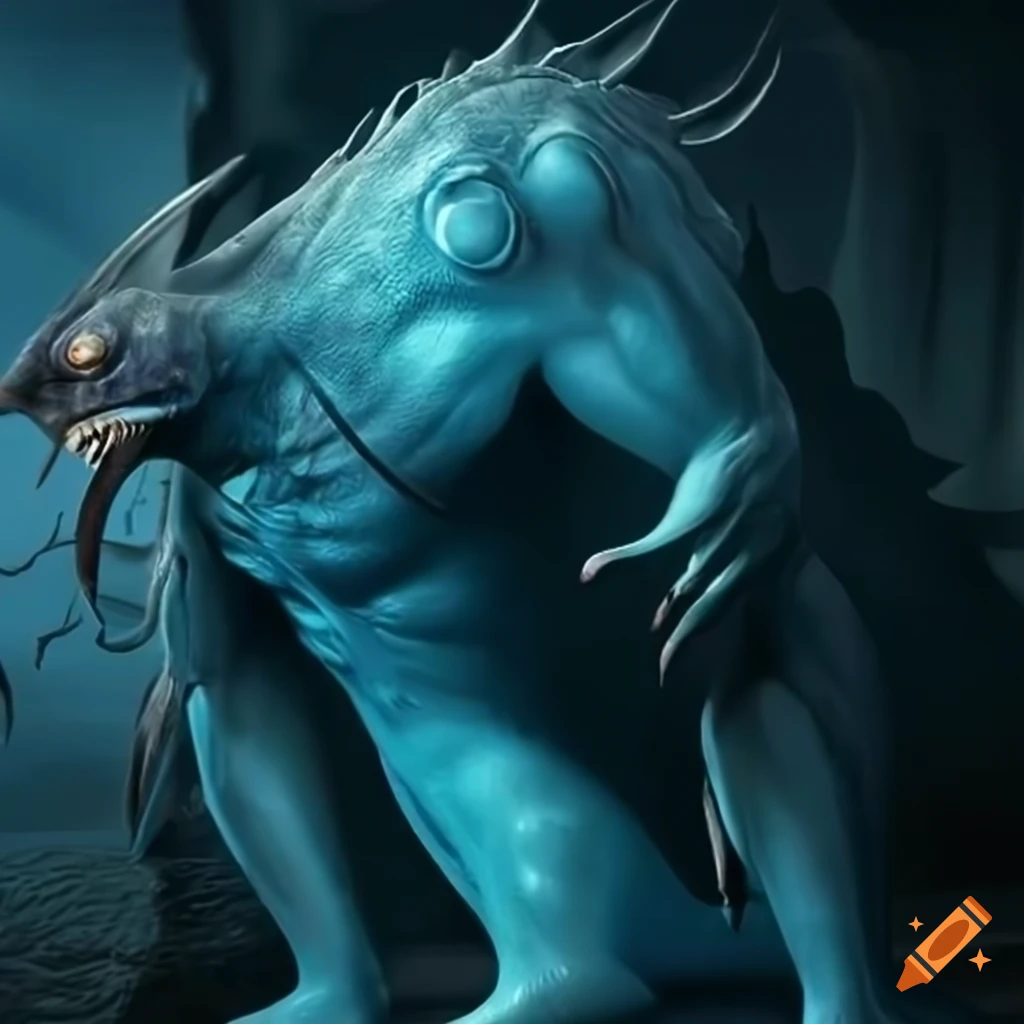 Large blue humanoid creature with fish features - Sheegoth on Craiyon