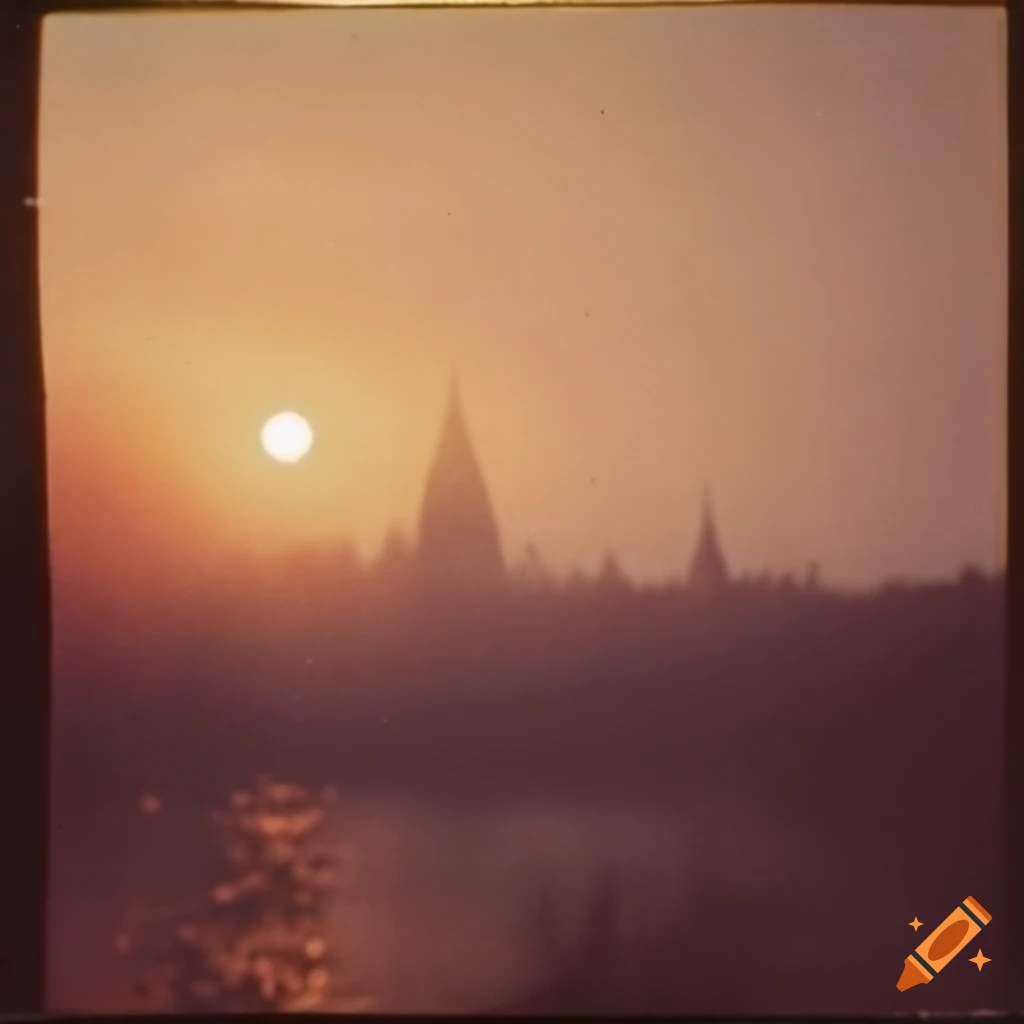 Vintage film photo of a close-up branch at sunset in the 1920s