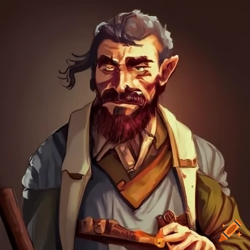 Silvio the Italian blacksmith merchant DND character in a chaotic neutral setting