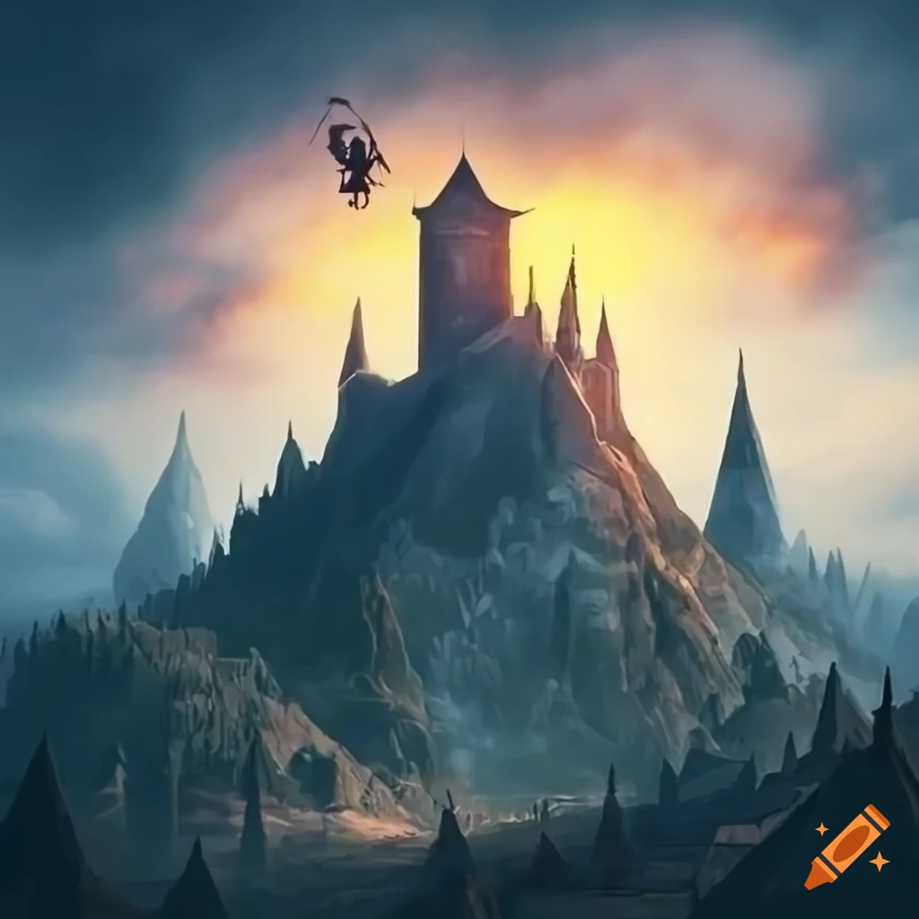Medieval city with towers and church on a hill inspired by Lord of the Rings