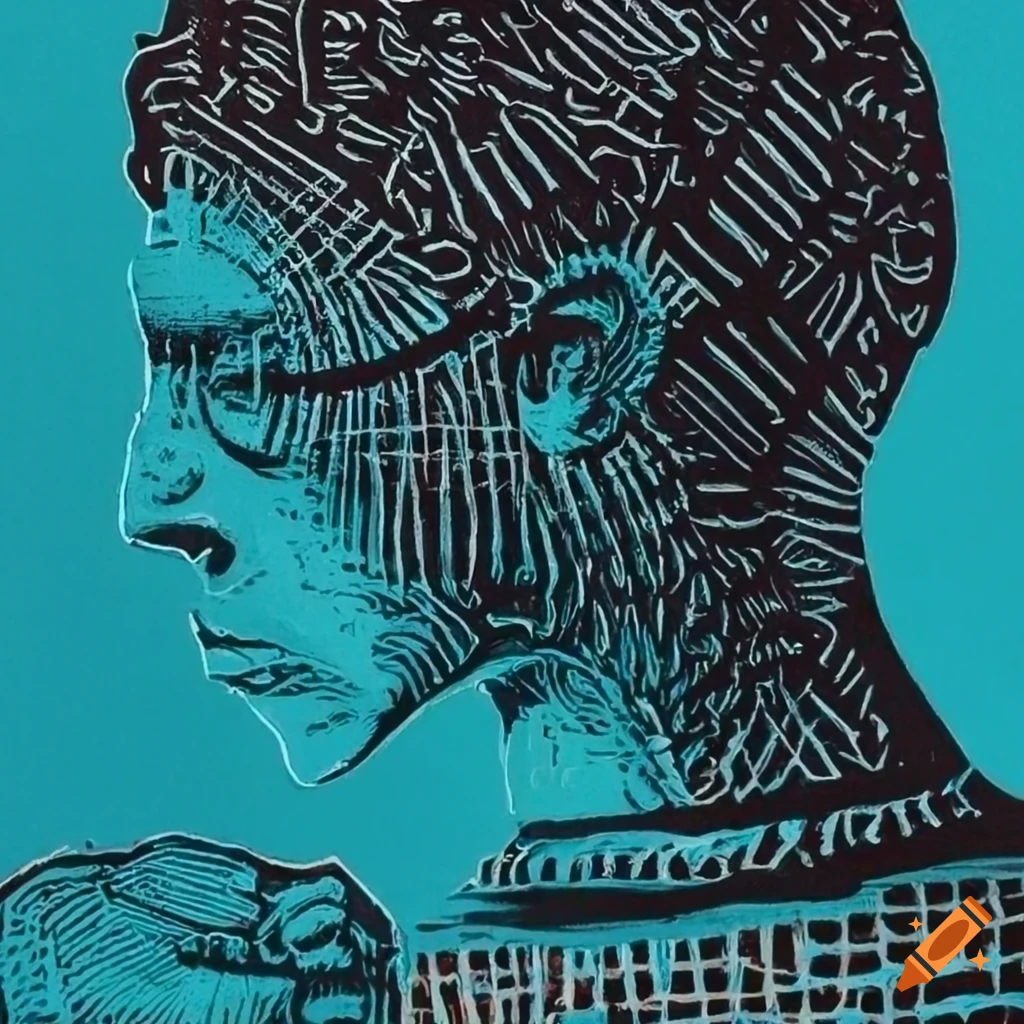 Intricate linocut of a man surrounded by turbulent thoughts in neo-expressionist style