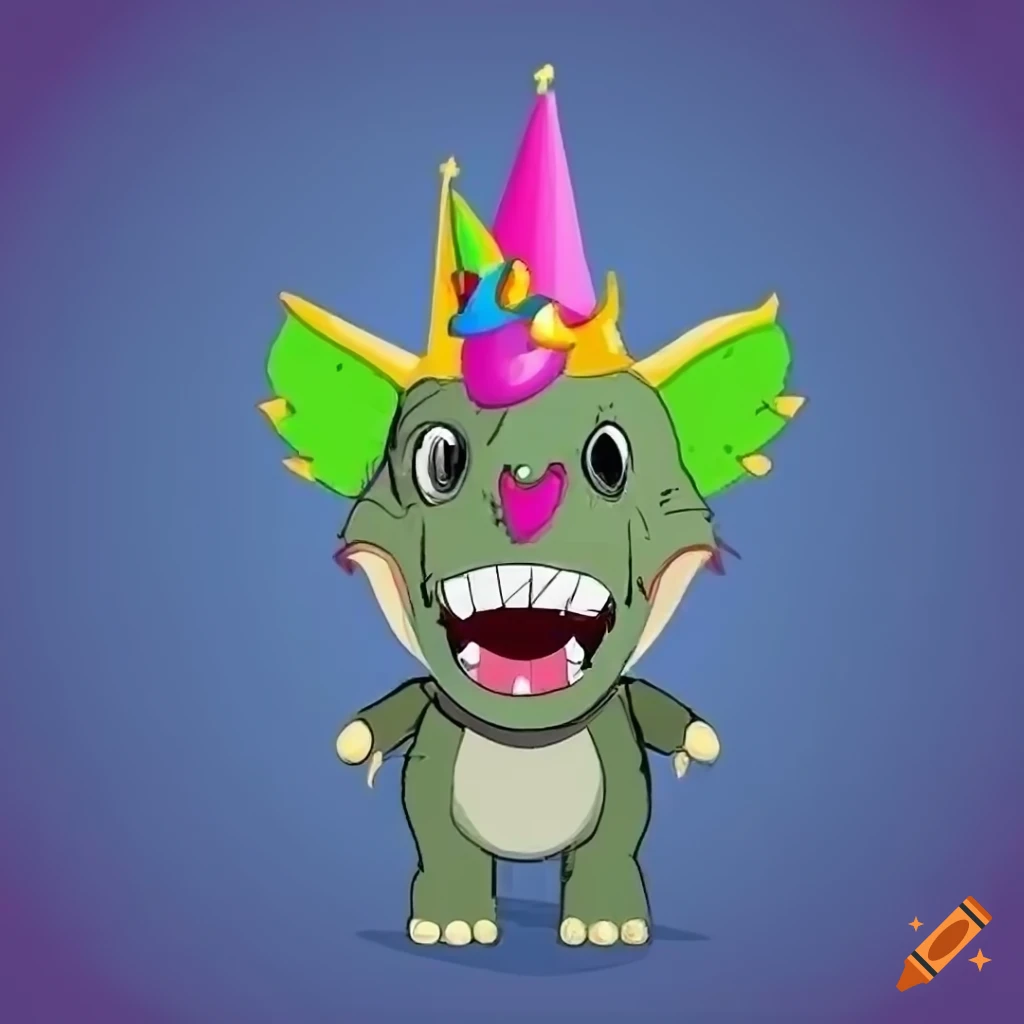 Joyful Triceratops in party hat at dinosaur dance party on Craiyon