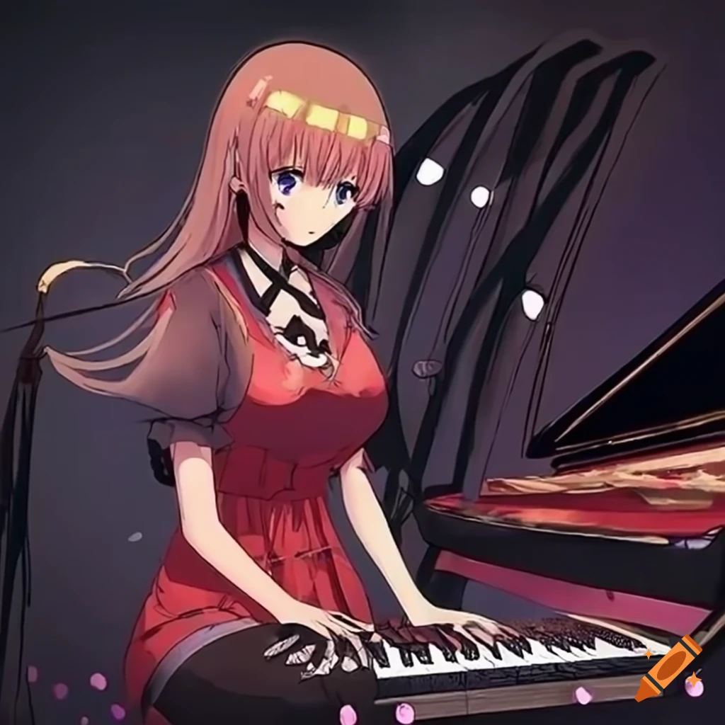 Anime woman in jazz-themed outfit playing piano with band members in a cafe concert