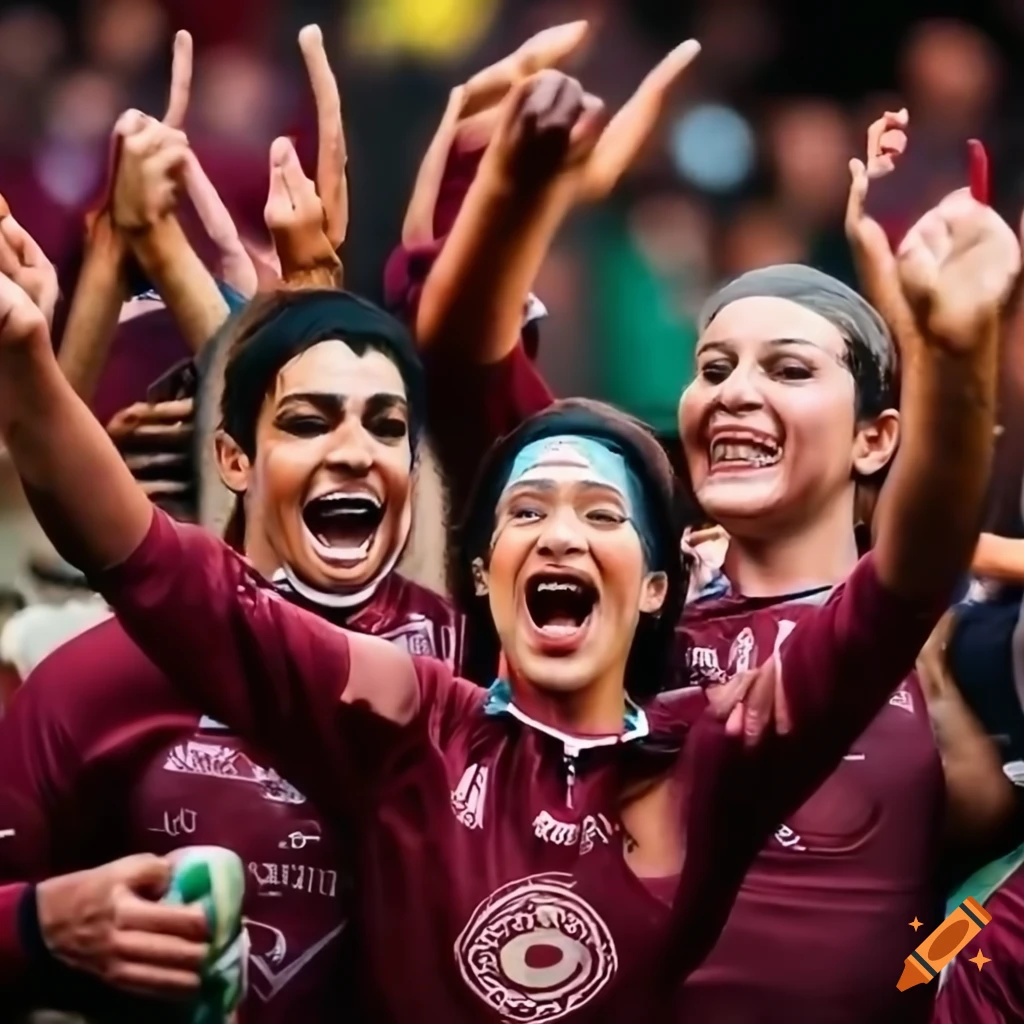 Rugby fans celebrating a championship win at an outdoor cafe