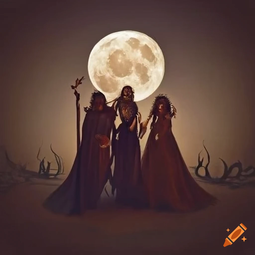 Three witches from Macbeth gathered under a full moon on a book cover