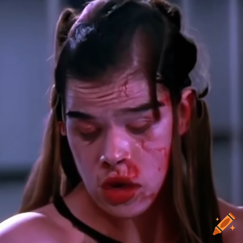 Expressive closeup of Hailee Steinfeld as a bruised and bloodied martial fighter in a 90's movie