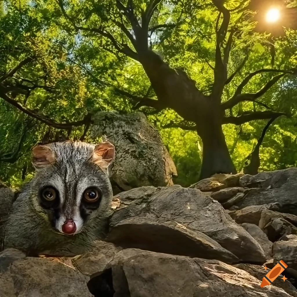 Genet in a Mediterranean oak forest with sunbeams filtering through the canopy
