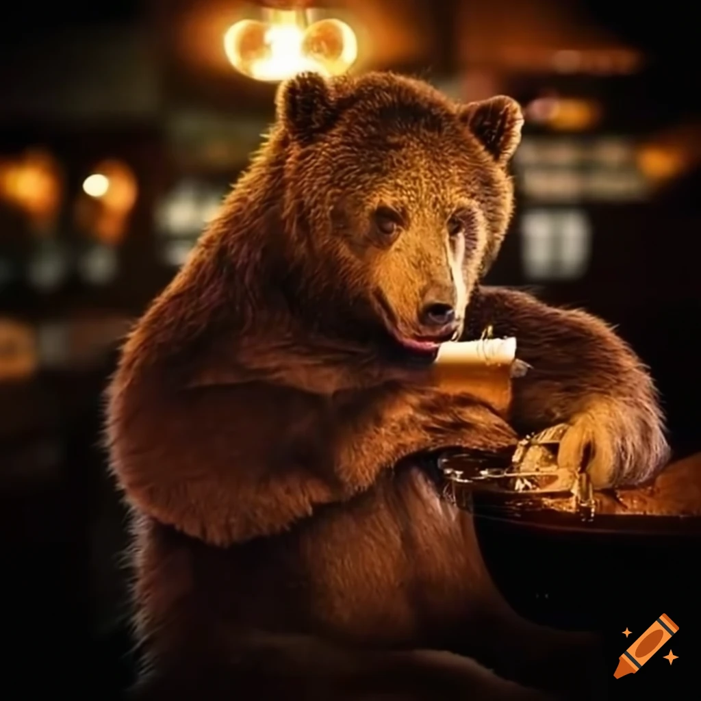 Bear in a pub with a pint of lager and a cigarette
