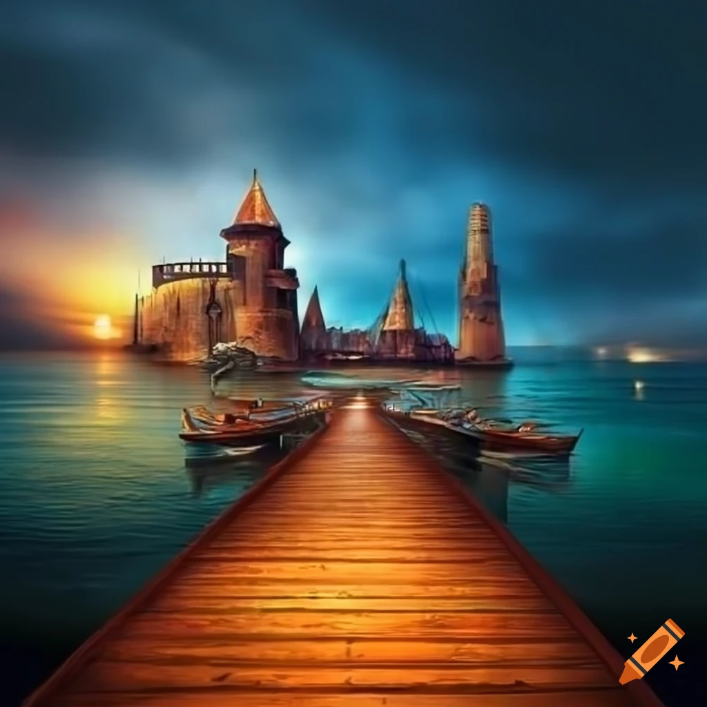 Dramatic fantasy harbor at twilight in a photo realistic style