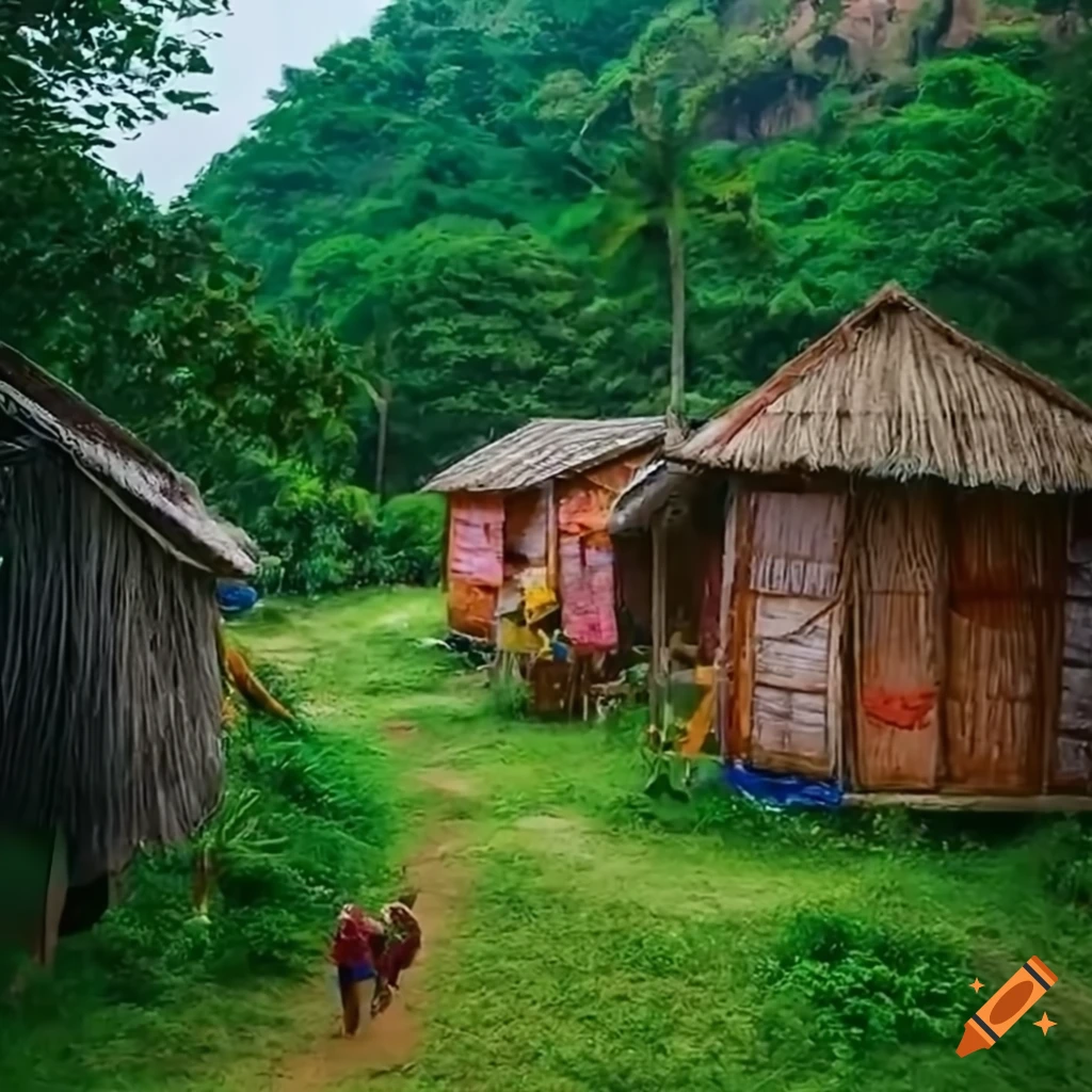 Vibrant village nestled in lush greenery with colorful huts and active community life