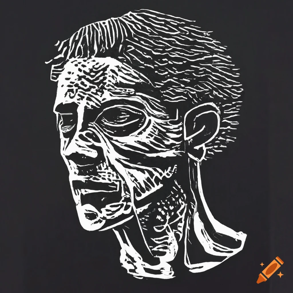 Intricate linocut of a man surrounded by turbulent thoughts in neo-expressionist style