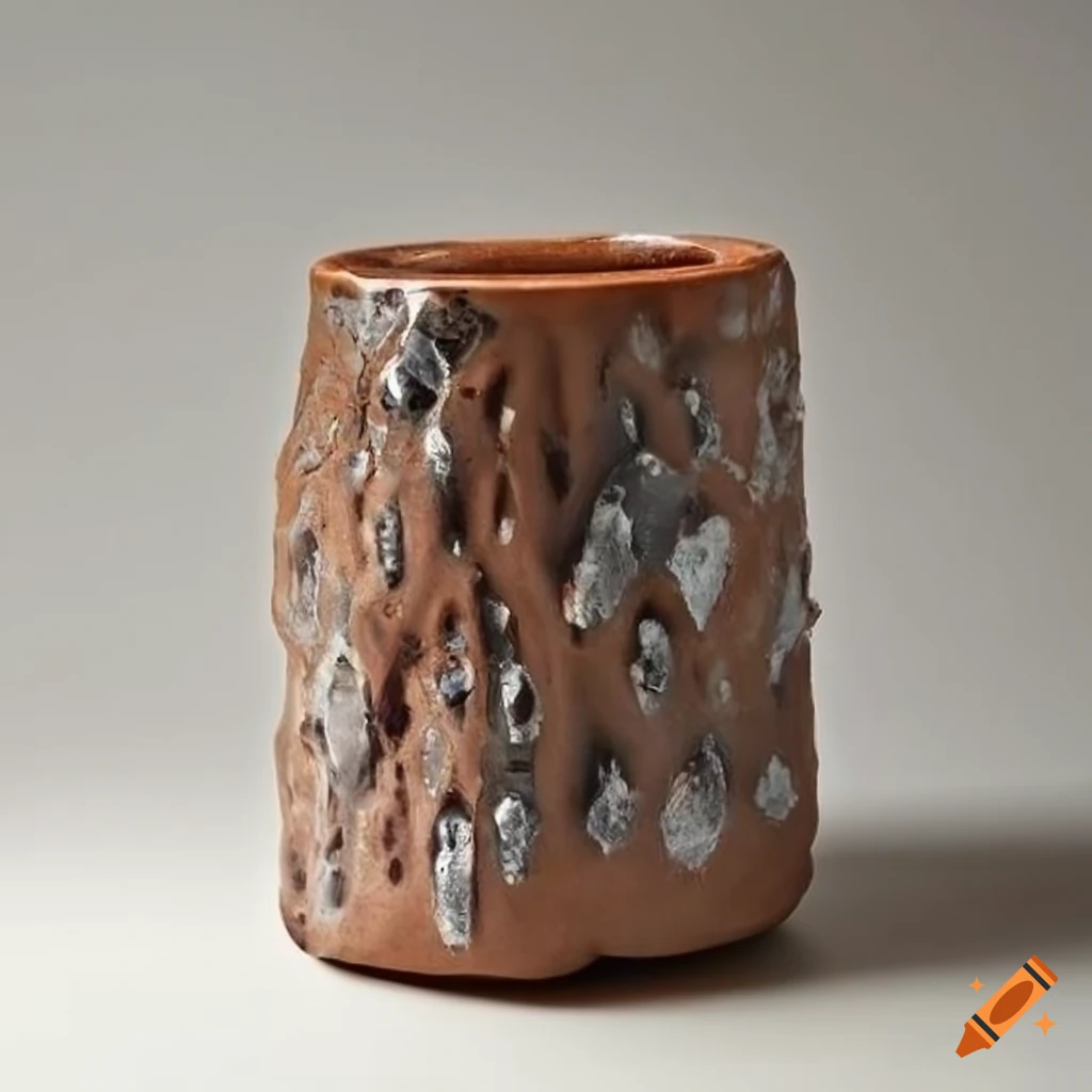 Ash glazed clay cylinder cup with large rock crystals