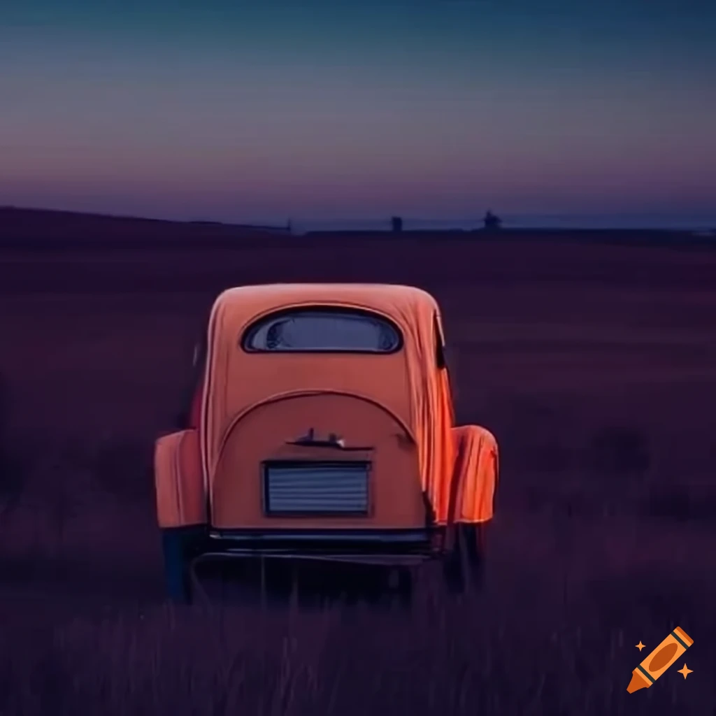 Vintage Chevrolet car parked next to a Citroën 2CV in a Tintin-style night scene