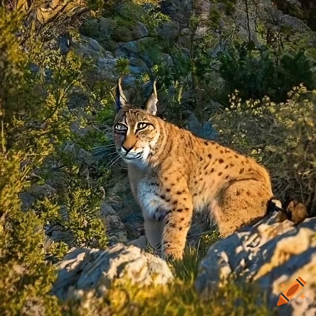 Lynx in a Mediterranean rocky outcrop with sunbeams filtering through the canopy