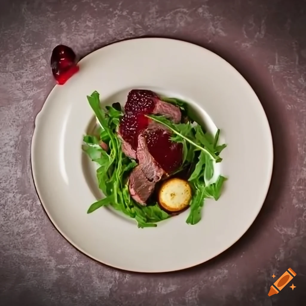 Elegant plate with roasted venison loin, arugula, beets, and cherry sauce
