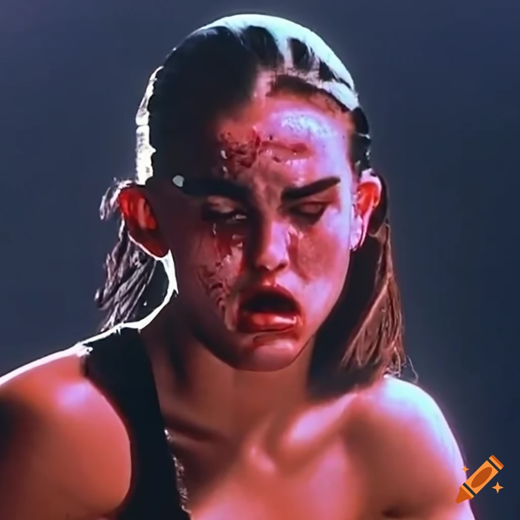 Expressive closeup of a defeated female martial fighter