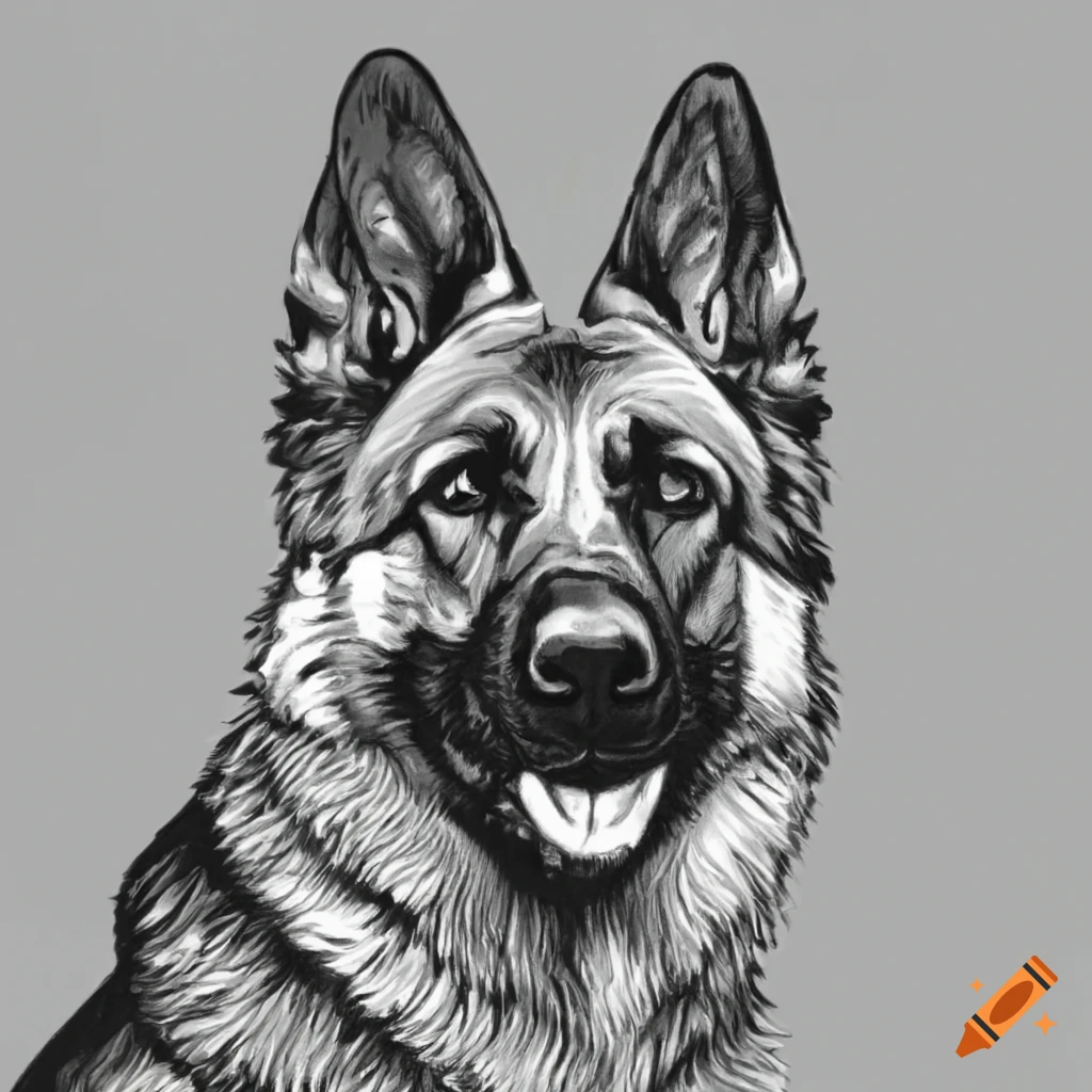 Detailed black and white drawing of a proud German Shepherd