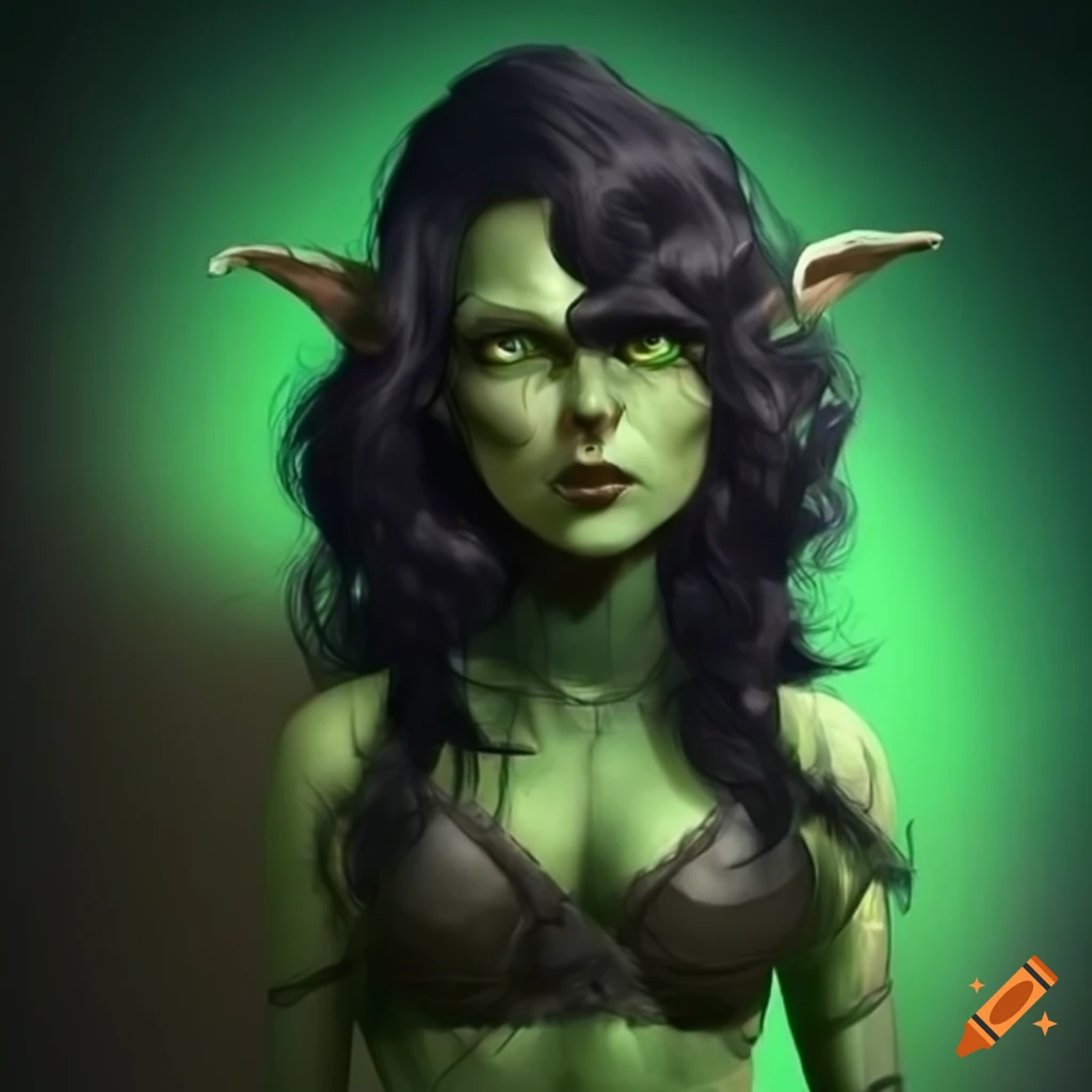 Female goblin with black wavy hair, green eyes, and leather clothing