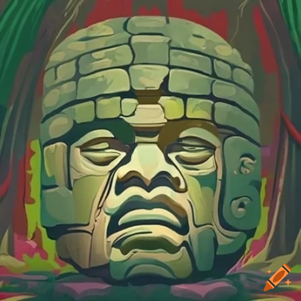 Ancient Mayan Olmec head behind moss-covered temple doors